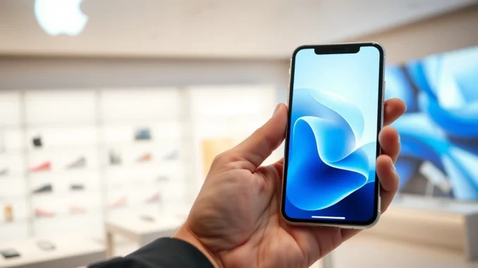 A hand holding an iPhone displaying a glowing AI assistant interface, representing the future Siri AI upgrade.