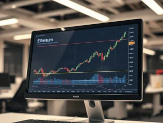 Ethereum price chart on a monitor in a financial office, illustrating market analysis