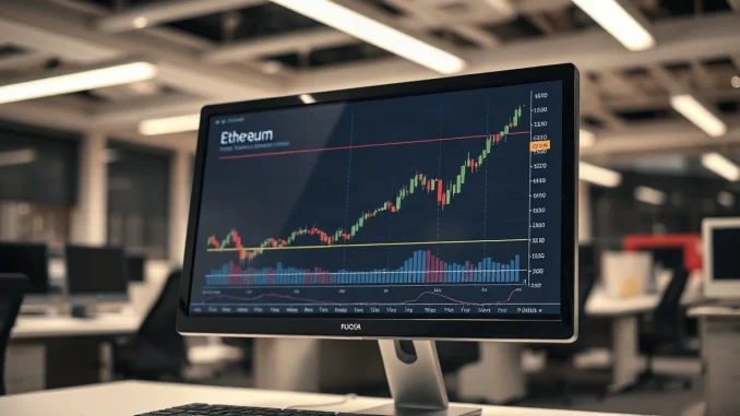 Ethereum price chart on a monitor in a financial office, illustrating market analysis