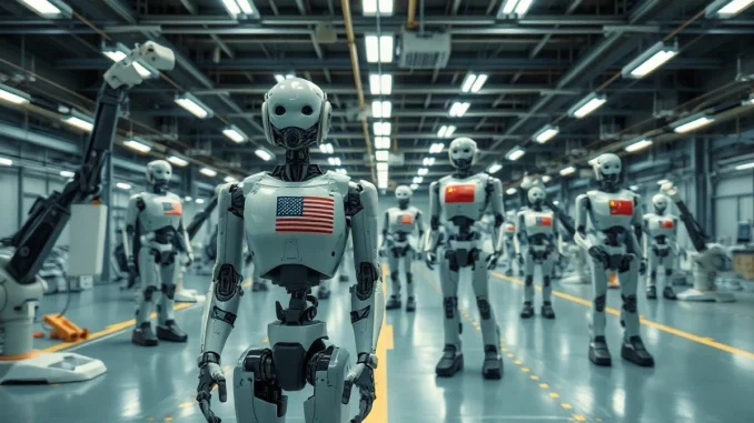 Humanoid robots on an assembly line in a modern factory, representing the US-China robotics competition.