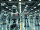 Humanoid robots on an assembly line in a modern factory, representing the US-China robotics competition.