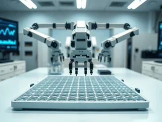 Vivodyne's robotic HIVE lab system handling tissue culture plates in a modern biotech facility.