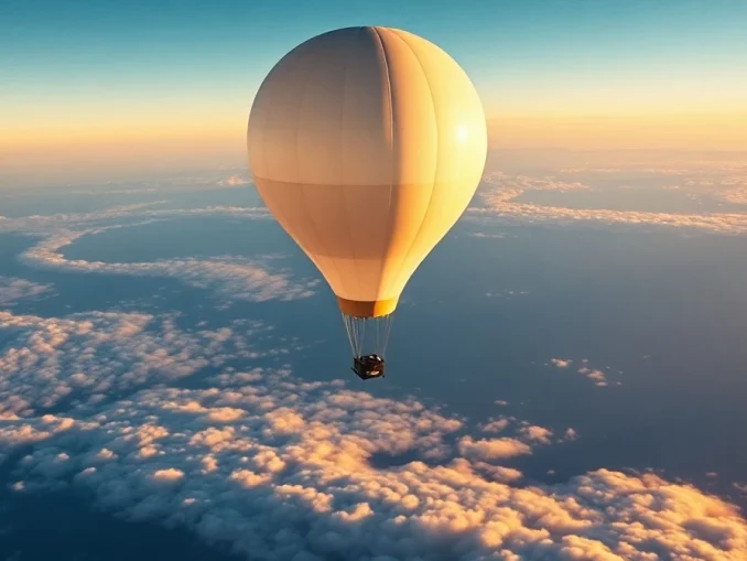 Weather balloon with sensor package ascending above clouds at sunrise