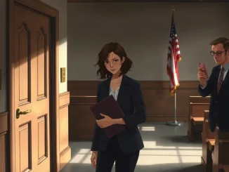 Young woman with lawyer in courthouse hallway, representing a plaintiff in an AI abuse lawsuit