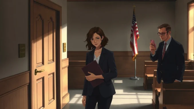 Young woman with lawyer in courthouse hallway, representing a plaintiff in an AI abuse lawsuit