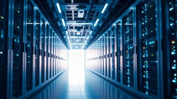 Modern data center corridor with blue lighting representing AI infrastructure behind Z.ai's Ox Alpha model release