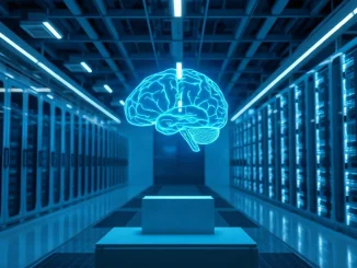 Glowing digital brain hologram over server racks in a modern data center
