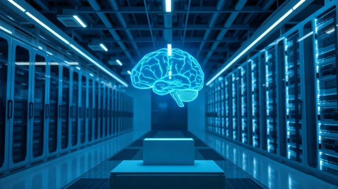 Glowing digital brain hologram over server racks in a modern data center