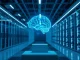 Glowing digital brain hologram over server racks in a modern data center