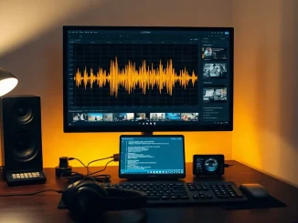Video editing desk with a screen showing an audio waveform, video thumbnails and transcribed text