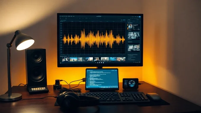 Video editing desk with a screen showing an audio waveform, video thumbnails and transcribed text
