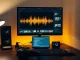 Video editing desk with a screen showing an audio waveform, video thumbnails and transcribed text
