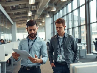 Two professionals reviewing documents together in a modern open-plan AI research office