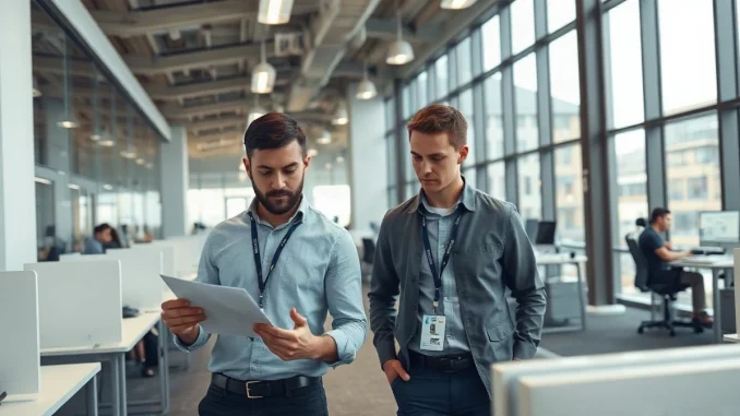 Two professionals reviewing documents together in a modern open-plan AI research office