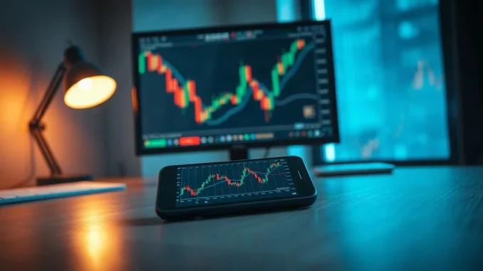 Smartphone on a trading desk showing a candlestick price chart with monitors blurred behind it