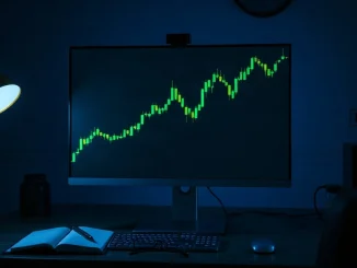 Dark trading desk with a monitor showing a sharply rising Bitcoin price chart after a short squeeze