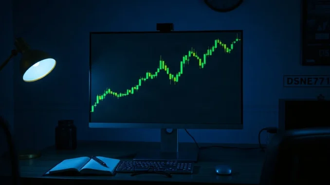 Dark trading desk with a monitor showing a sharply rising Bitcoin price chart after a short squeeze