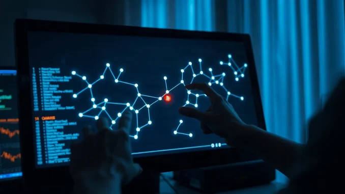 Blockchain analyst examining a transaction graph with a highlighted node representing a burned Bitcoin transfer