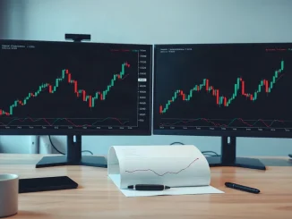 Analyst monitors showing a bitcoin candlestick chart beside a printed chart with a horizontal resistance line