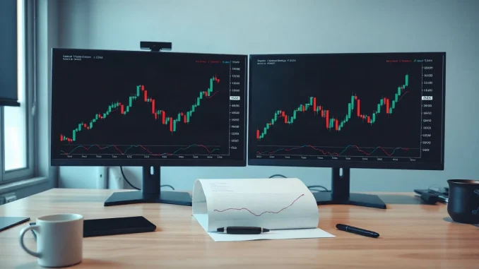Analyst monitors showing a bitcoin candlestick chart beside a printed chart with a horizontal resistance line