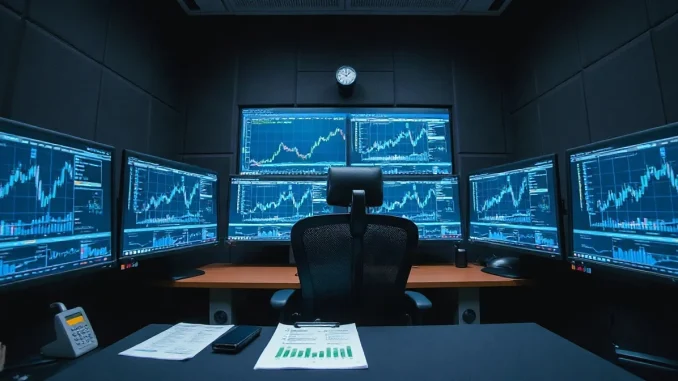 Empty crypto exchange operations desk at night with monitors showing blurred trading dashboards after a security breach