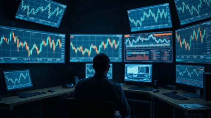 Security operations centre at night with analysts monitoring crypto transaction flows on wall screens