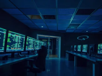 Dark crypto trading floor with monitors showing blockchain transaction ledgers after the Bitget hack