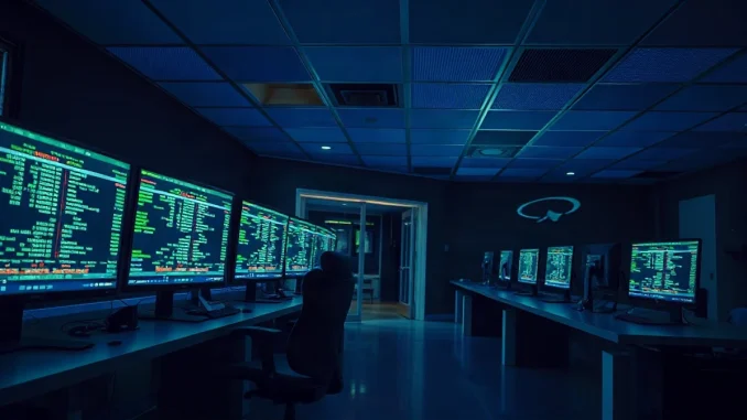 Dark crypto trading floor with monitors showing blockchain transaction ledgers after the Bitget hack