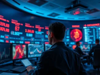 Crypto exchange operations room at night with warning dashboards on monitor screens