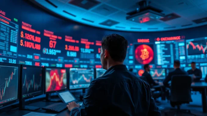 Crypto exchange operations room at night with warning dashboards on monitor screens