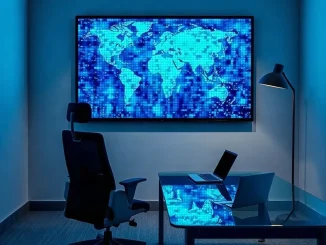 Dark office at dusk with a wall screen showing abstract blue data blocks, representing a corporate crypto treasury