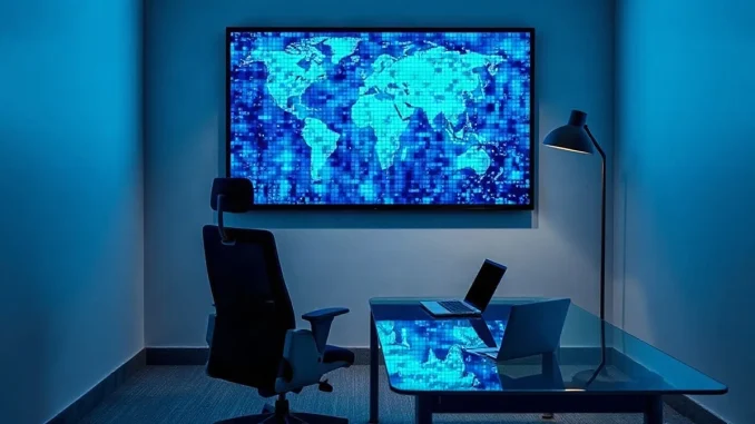 Dark office at dusk with a wall screen showing abstract blue data blocks, representing a corporate crypto treasury