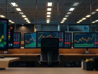 Institutional trading desk with Bitcoin price charts on monitors after U.S. spot BTC ETF inflows extended to six sessions