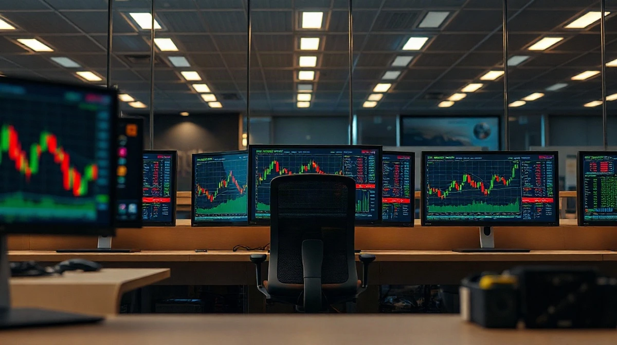 Institutional trading desk with Bitcoin price charts on monitors after U.S. spot BTC ETF inflows extended to six sessions