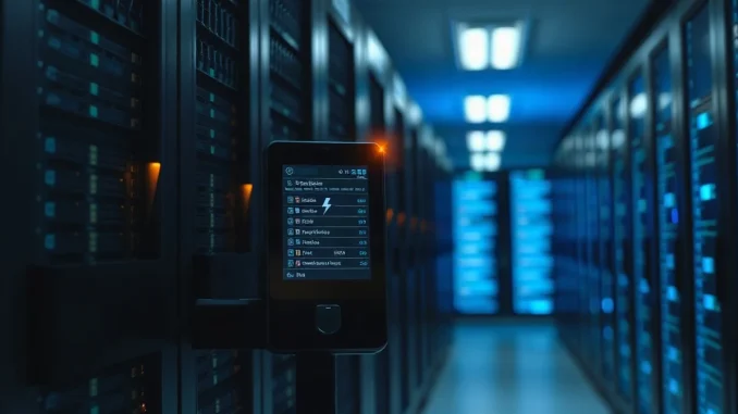 Server rack payment terminal with glowing indicator light in a dim data center