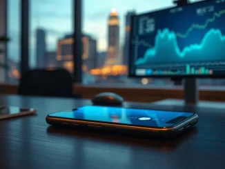 Smartphone on a trading desk displaying a financial app interface, representing tokenized stock trading on Robinhood Chain