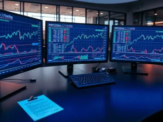 Institutional trading desk with monitors showing market data and a printed fund document