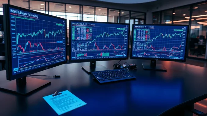 Institutional trading desk with monitors showing market data and a printed fund document
