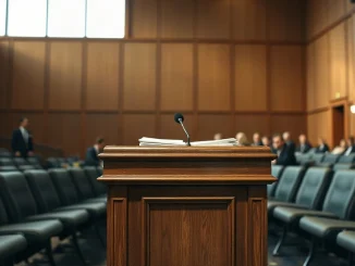 Empty government hearing room with a podium and microphone, illustrating the CFTC's crypto rulemaking
