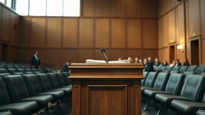 Empty government hearing room with a podium and microphone, illustrating the CFTC's crypto rulemaking