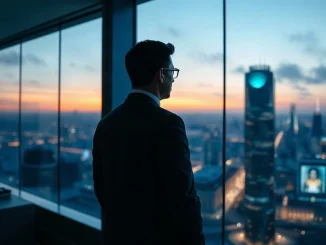 Bank executive looking over a city financial district from a corporate operations center at dusk