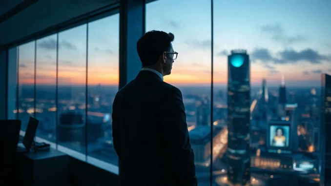 Bank executive looking over a city financial district from a corporate operations center at dusk