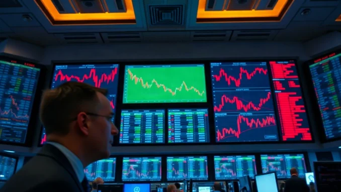 Trading floor screens showing a red crypto selloff next to tokenized equity market data at dusk