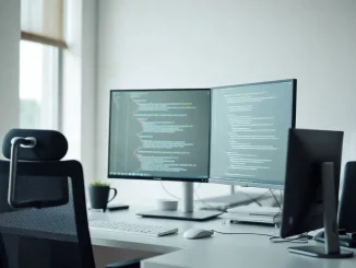 Developer workspace with code on monitors representing AI coding assistant market growth
