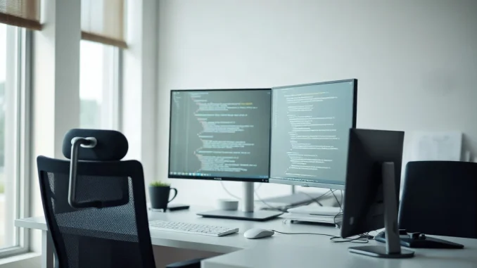 Developer workspace with code on monitors representing AI coding assistant market growth