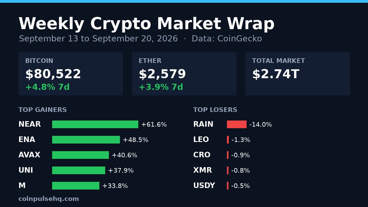 Chart card: weekly crypto market wrap for September 13 to September 20, 2026 with Bitcoin, Ether and top movers