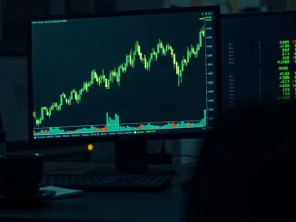 Trading monitor showing Dogecoin candlestick chart breaking above a descending channel