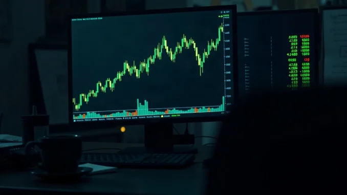 Trading monitor showing Dogecoin candlestick chart breaking above a descending channel