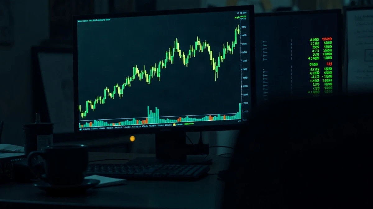 Trading monitor showing Dogecoin candlestick chart breaking above a descending channel