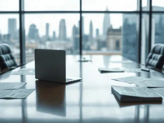 Empty meeting room at a UK financial regulator with consultation documents on the table and the City skyline behind